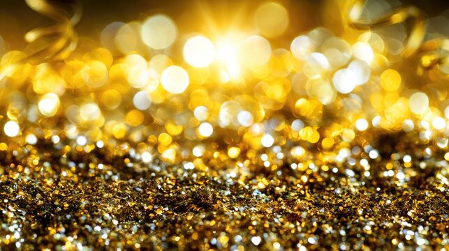 Golden glitter sparkles and shimmers with bright light and flowing ribbons