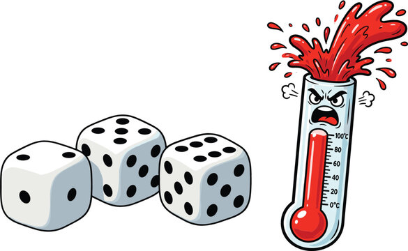 Cartoon Vector Elements Set Featuring Three White Game Dice and An Angry Exploding Red Thermometer Symbolizing High Temperature Concepts