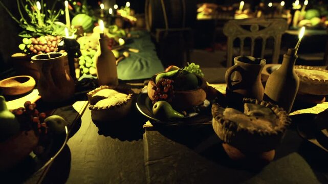 Candlelit fruit bowl on table, warm golden glow highlighting grapes, pear, apple and crusty bread on pottery plates, moody shadows creating intimate rustic