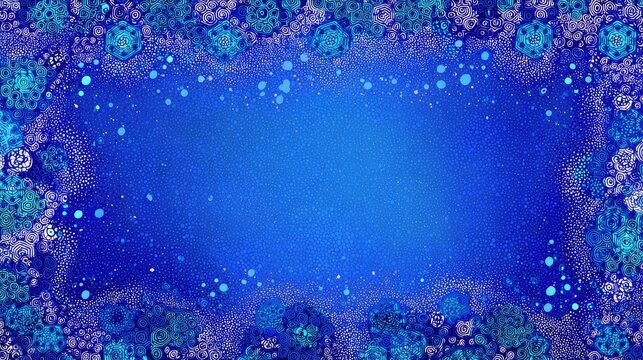 Ethereal blue frame of intricate icy blooms and falling sparkles