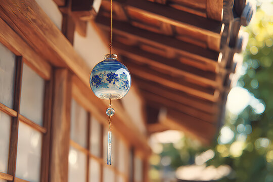 Traditional Japanese glass wind chime hanging under wooden roof