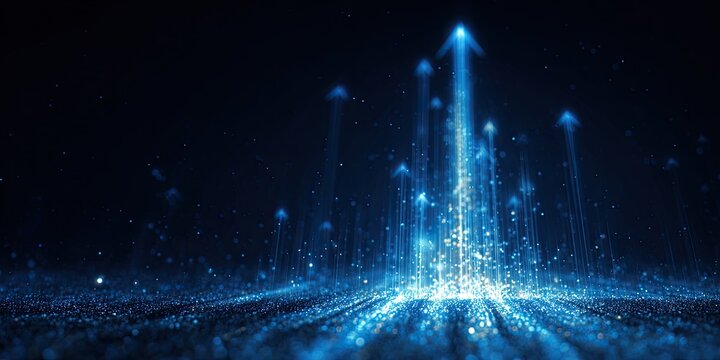 Glowing blue arrows ascend from a shimmering, dark digital landscape