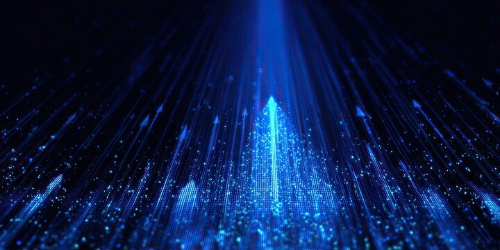 Bright blue streams of light and particles ascend against dark backdrop