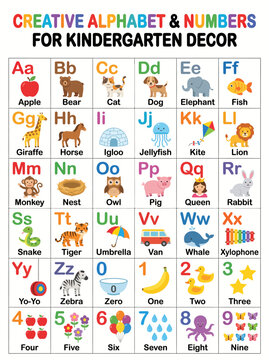 Alphabet chart featuring colorful letters and numbers with cute animal illustrations for preschool classroom decoration and early childhood education