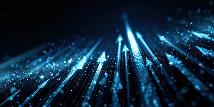 Digital arrows rise in streaks of light and particles