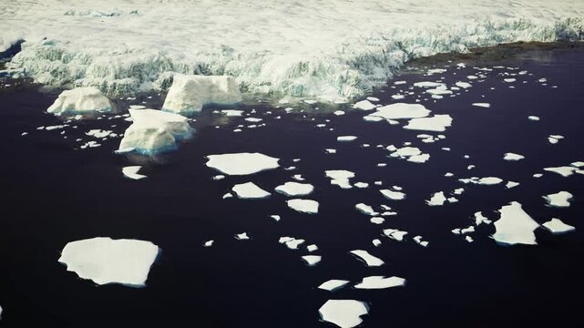Aerial Antarctica view of icepacked channel with scattered bergs creating potential navigation hazard, dark sea lanes weaving through floating ice, tense mood