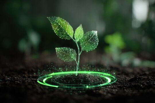 Digital plant hologram grows from soil with glowing green energy ring
