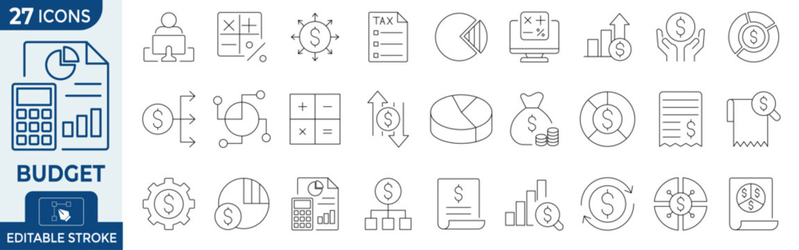 Budget and financial planning icons set, 27 thin line vector icons for accounting and business analysis, editable stroke money management symbols