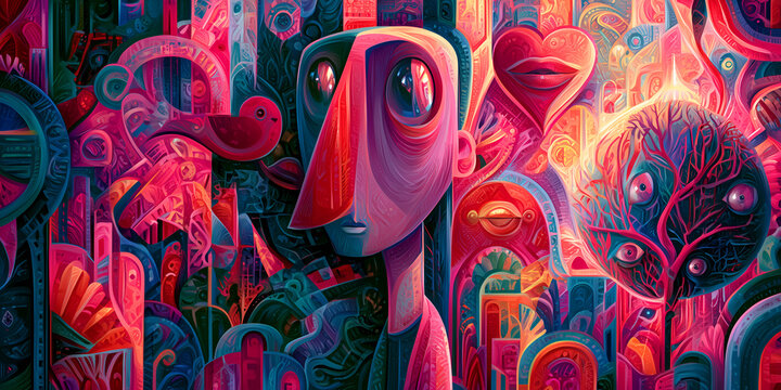 The Dream‑Mask Garden: Faces, Hearts, and Branches in a Surreal Bloom, ai generated.