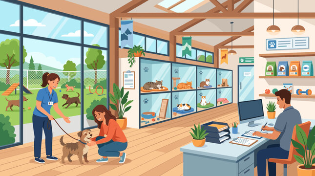 A modern animal shelter featuring indoor kennels for cats, an outdoor play area for dogs, and staff assisting a visitor. Bright, friendly illustration for veterinary or pet care concepts.