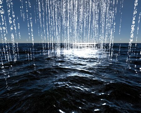 Digital rain cascades into a rippling ocean under a clear sky