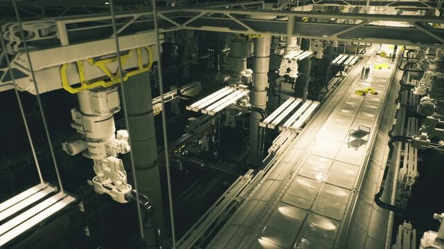 Side aisle of illuminated assembly corridor, narrow passage flanked by conveyor rails, gantry cranes and hoists, sterile clinical lighting with cool glow,