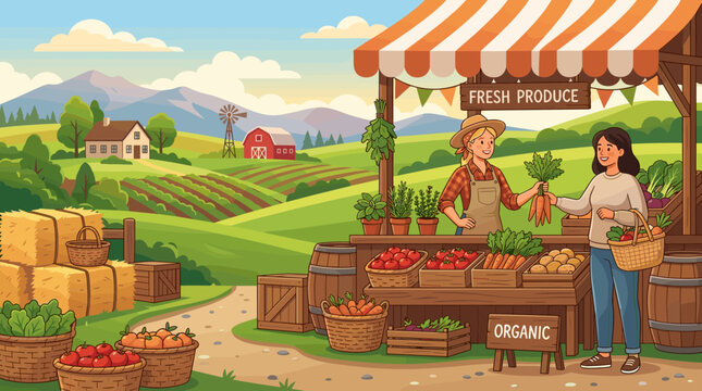 A cheerful farmer sells fresh organic produce to a customer at a sunny farmers market. The scene features lush green fields, rolling hills, and a rustic farm setting in a vibrant cartoon style.