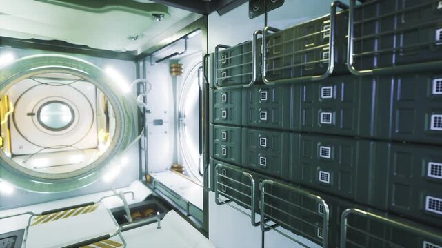 Organized space station cargo bay with stacked lockers and railing, visible ladder and tie down points, modular crates and stowage nets for payload logistics