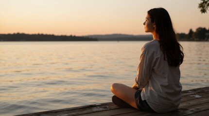 Fototapeta premium Young woman sitting and watching sunset on lakeside dock