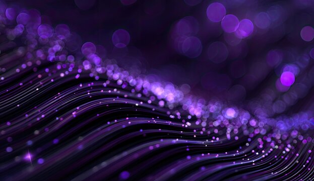 Flowing purple waves with sparkling particles and bokeh lights