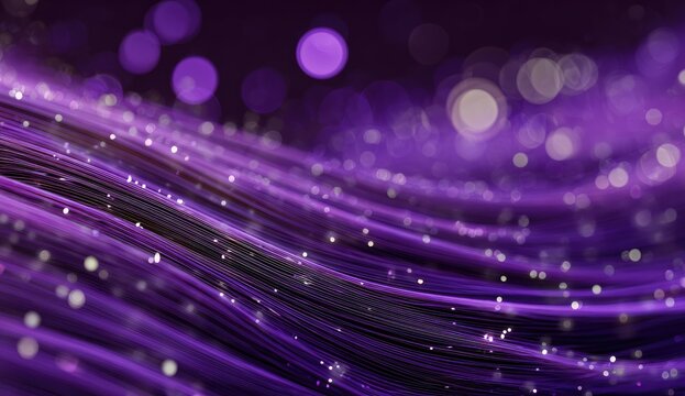 Flowing purple waves with shimmering particles and soft bokeh lights
