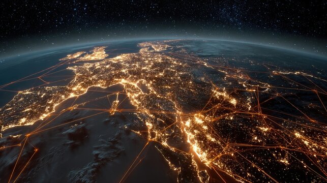Glowing global network connects illuminated cities on Earth viewed from space