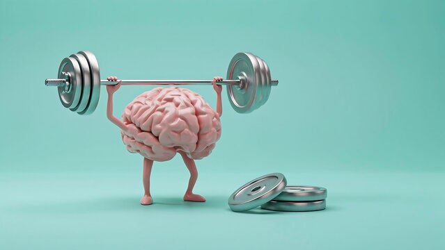 Strong human brain lifting weights representing mental strength and intelligence