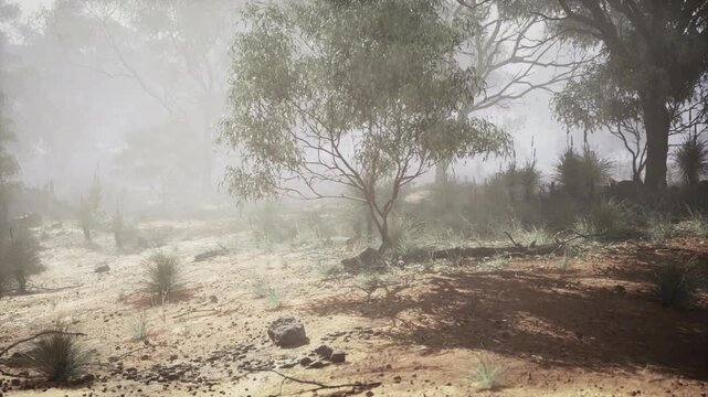 Soft sunlight filters through misty trees at dawn. Calm early morning haze envelops forest while sunlight softly pierces through misty branches