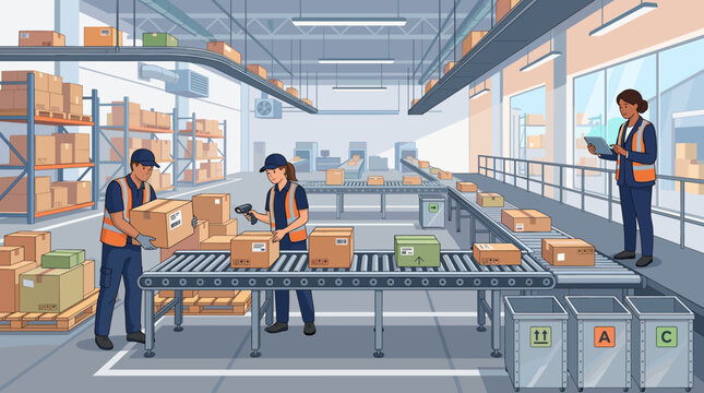 Workers handle cardboard boxes on a warehouse conveyor belt system while a supervisor checks inventory on a tablet. Illustration of modern logistics, shipping, and supply chain operations.