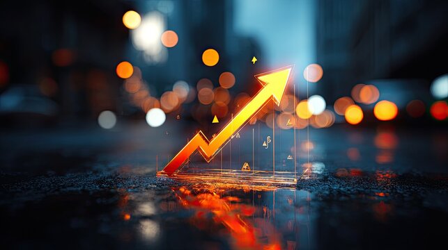 Glowing upward arrow charts against a blurred city night, wet surface