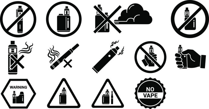 No vaping vector icon set with prohibited e cigarette smoking signs and warning labels