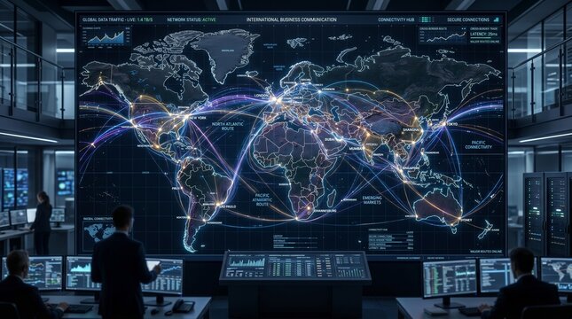 Business professionals monitoring global network connections on a large screen display in a modern office with a world map and data traffic information shown