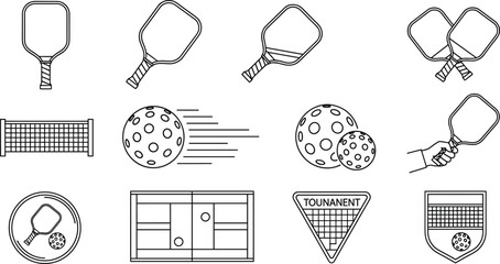 Pickleball paddle vector icon set with ball net and court shapes for sports design © MdAungur