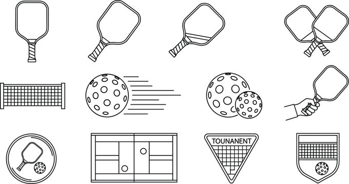 Pickleball paddle vector icon set with ball net and court shapes for sports design