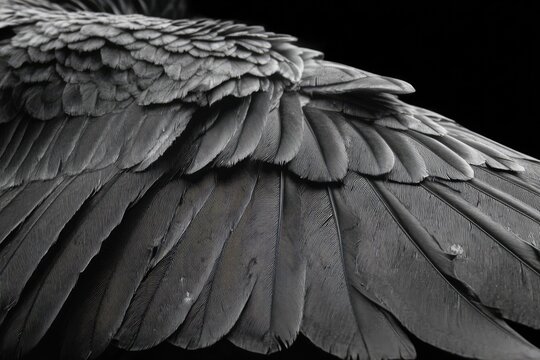 Detailed macro view of dark, layered bird feathers against a black background