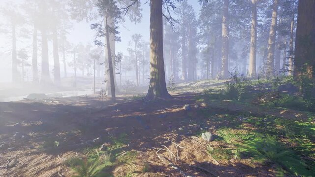 Backlit birch grove beside calm stream with mossy banks and soft mist. Sunlit patches between trunks create tranquil early morning scene suitable for wellness,