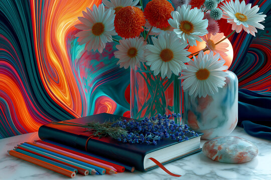 Daisies, Journal and Colored Pencils on Marble with Abstract Color