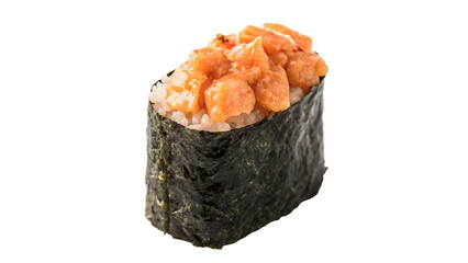 Delicious Japanese gunkan sushi maki roll with chopped salmon isolated on a transparent background © Ivanka