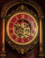 Obraz premium Magnificent baroque clock with exposed brass gears and Roman numerals, deep crimson enamel face, intricate gold filigree carvings, warm dramatic lighting.