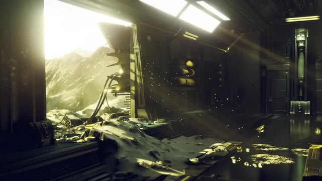 Molten glow highlighting twisted engine room debris, scorched panels and warped supports, intense warm tones contrasting with cool metal shadows, industrial