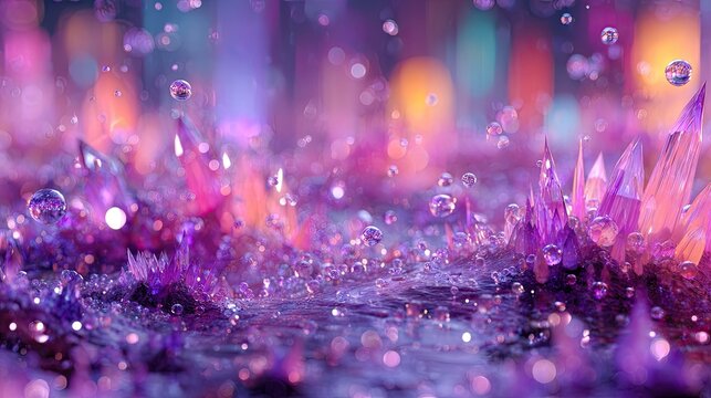 Glistening crystals emerge from sparkling water, shimmering with vibrant light