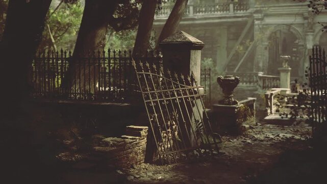 Rusted iron gate leaning in moody courtyard, broken fence panels and weathered urns, low beams piercing canopy, restorer assessing damage under dusk light