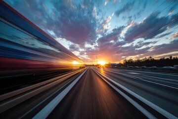 Obraz premium Fast sunset drive on highway with motion blur effect