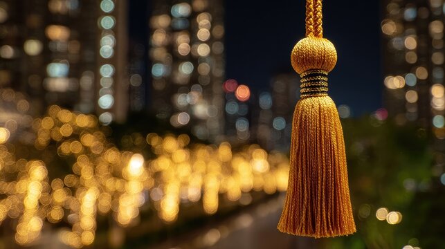 Golden tassel dangles in focus against a bokeh background of city lights