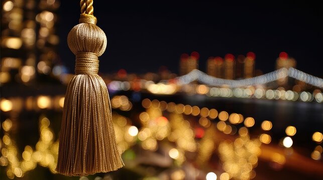 Golden tassel hangs in foreground, city lights and bridge sparkle at night