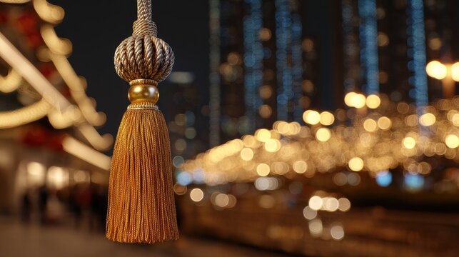 Ornate gold tassel hangs against a blurred backdrop of city lights