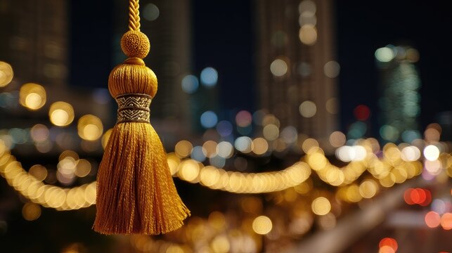 Ornate golden tassel hangs before blurred city lights at dusk