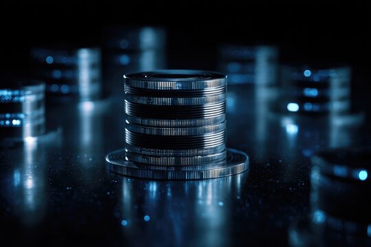 Stacked metallic discs with glowing digital patterns against dark background