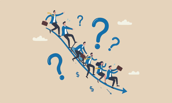 Stock market,flag teams together economic crisis, fall down, decrease or reduction concept, business people investor riding on falling down graph