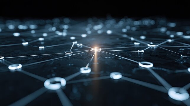 Abstract network of glowing nodes and connections on a dark, reflective surface