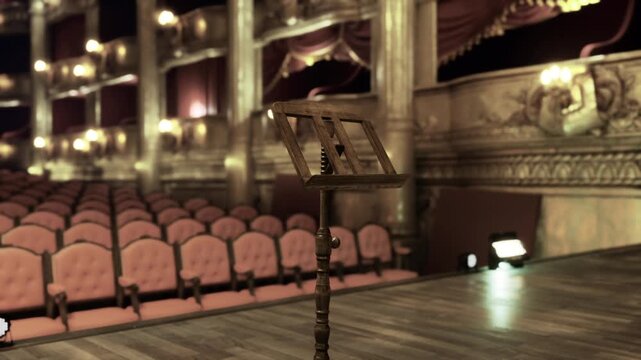 Empty ornate opera stage with seats, gold balconies and gilded moldings, plush velvet rows and polished wooden floor, lone music stand beneath warm chandelier