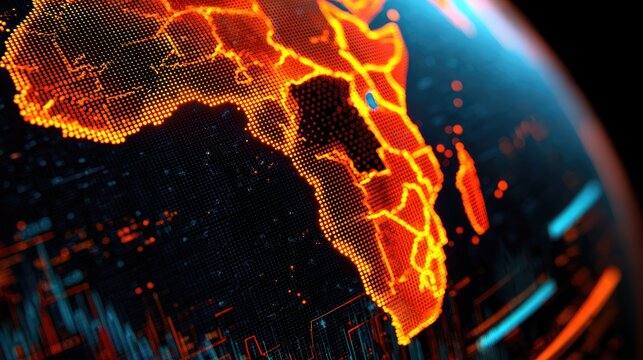 Digital globe with glowing lines highlighting Africa's continents and data
