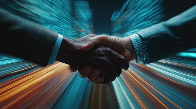 Two hands clasping in agreement, set against a blur of vibrant, streaking lights