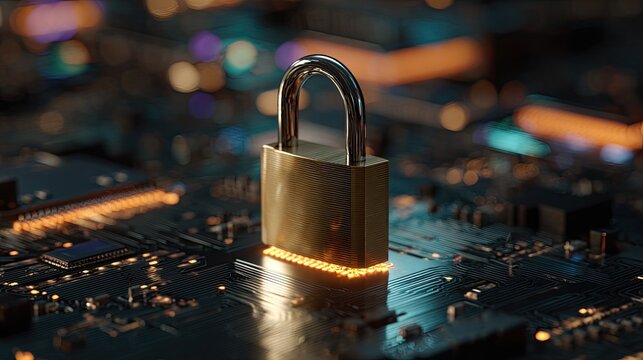 A golden padlock rests atop a circuit board with glowing orange lights
